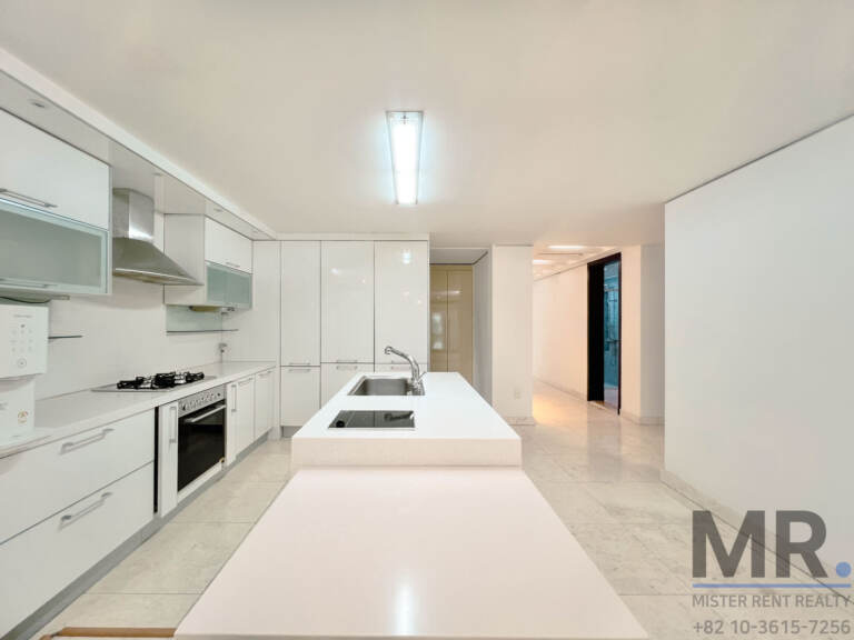 Galley-style white kitchen with long island, built-in oven and hallway beyond