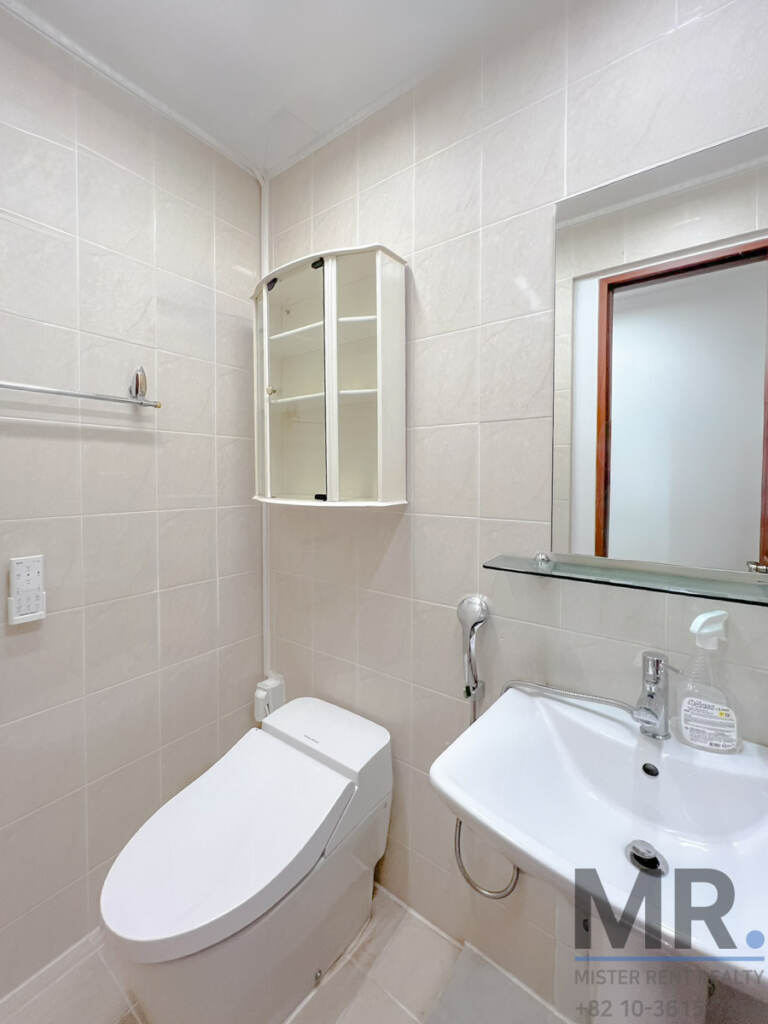 Compact bathroom with wall-hung sink, mirror and bidet toilet