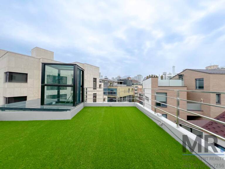 Grass-covered rooftop with steel railing overlooking neighboring houses