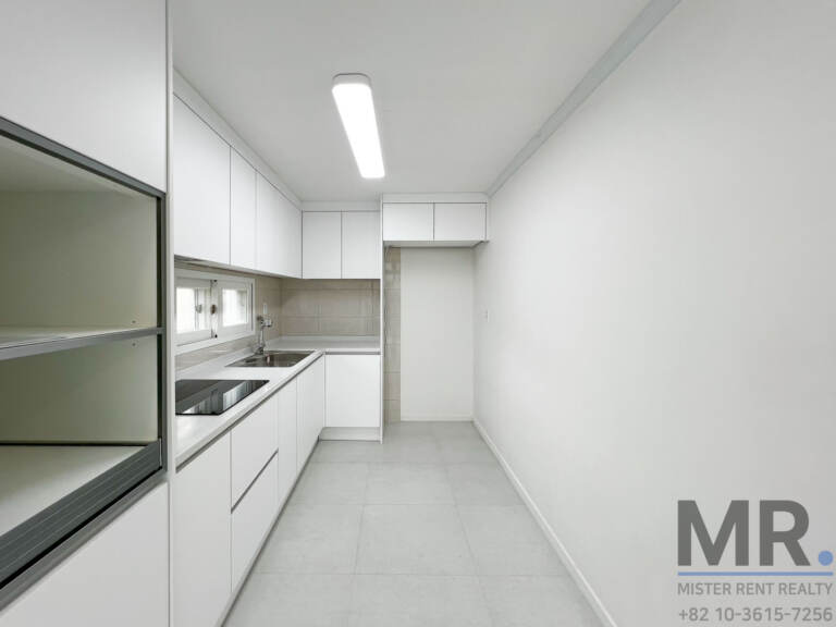 Galley kitchen with white cabinets, induction cooktop and built-in shelving