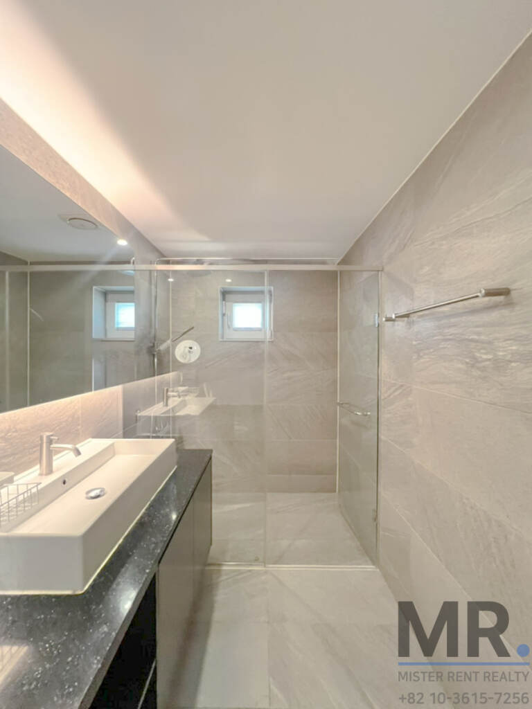 Bathroom with long vanity, mirror and walk-in shower