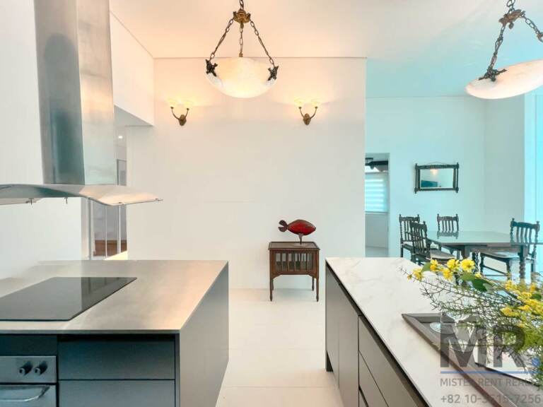 Stainless kitchen island with induction cooktop facing the dining area