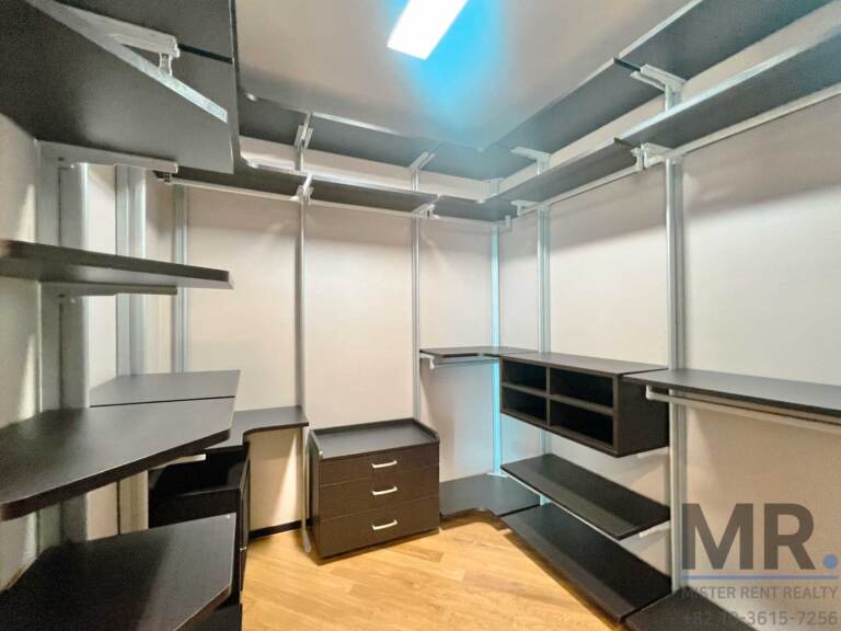 Walk-in closet with open shelving and drawers