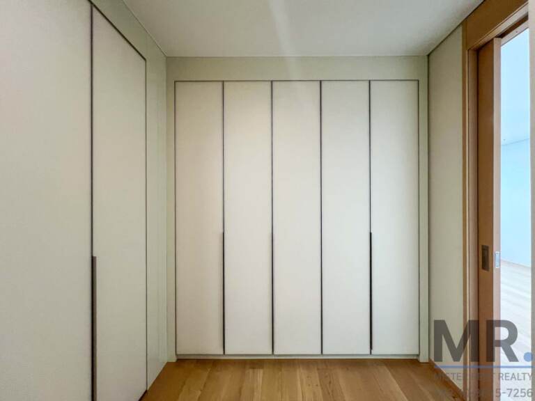 Walk-in dressing room with white floor-to-ceiling closets