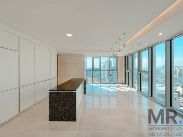Living and dining area with granite island, built-in storage and city view