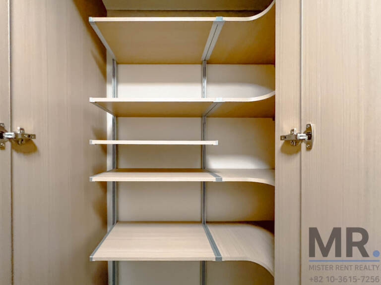 Built-in cabinet with curved wooden shelves