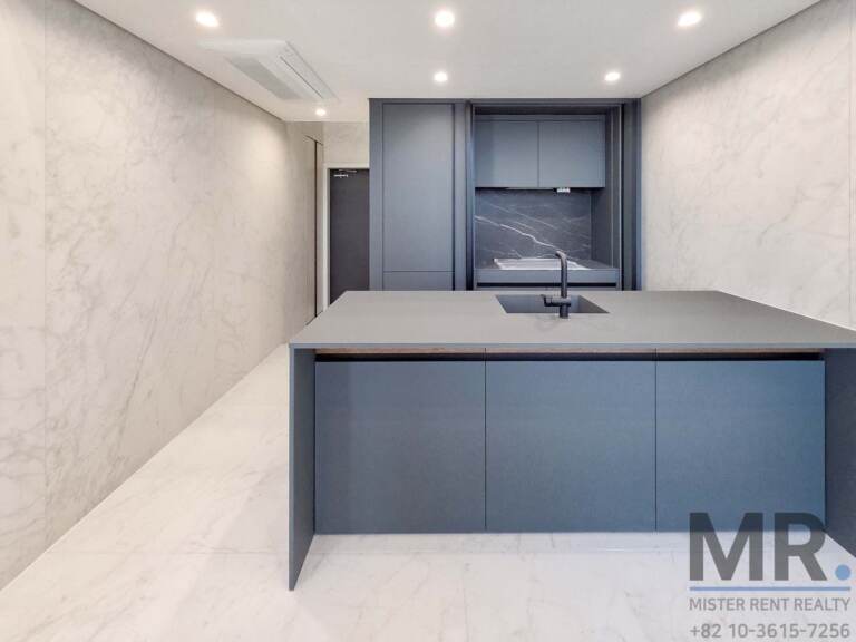 Kitchen island in dark gray with integrated sink and tall cabinets