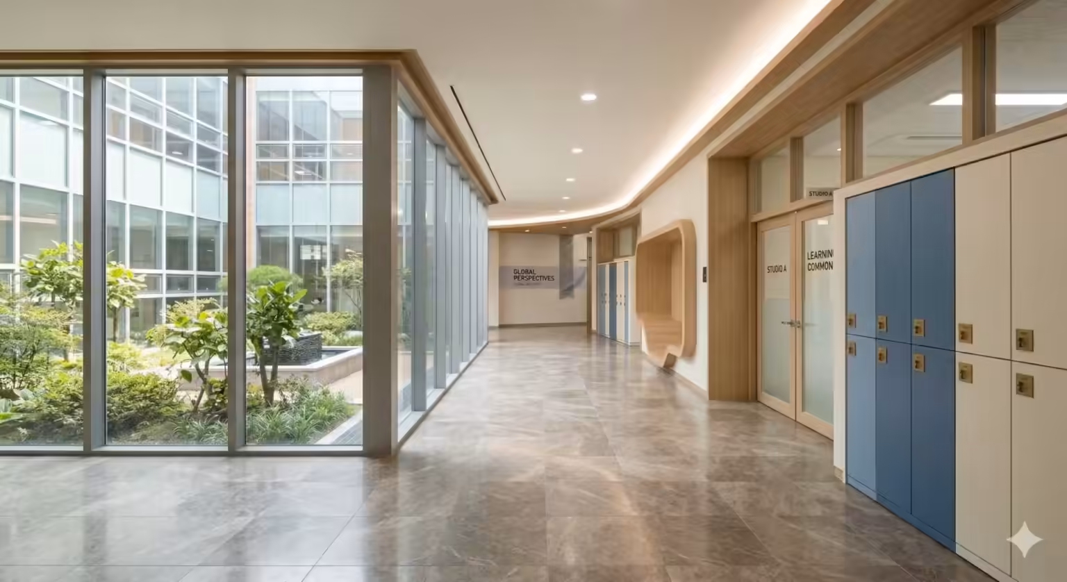 International school hallway with lockers and glass walls facing a courtyard garden