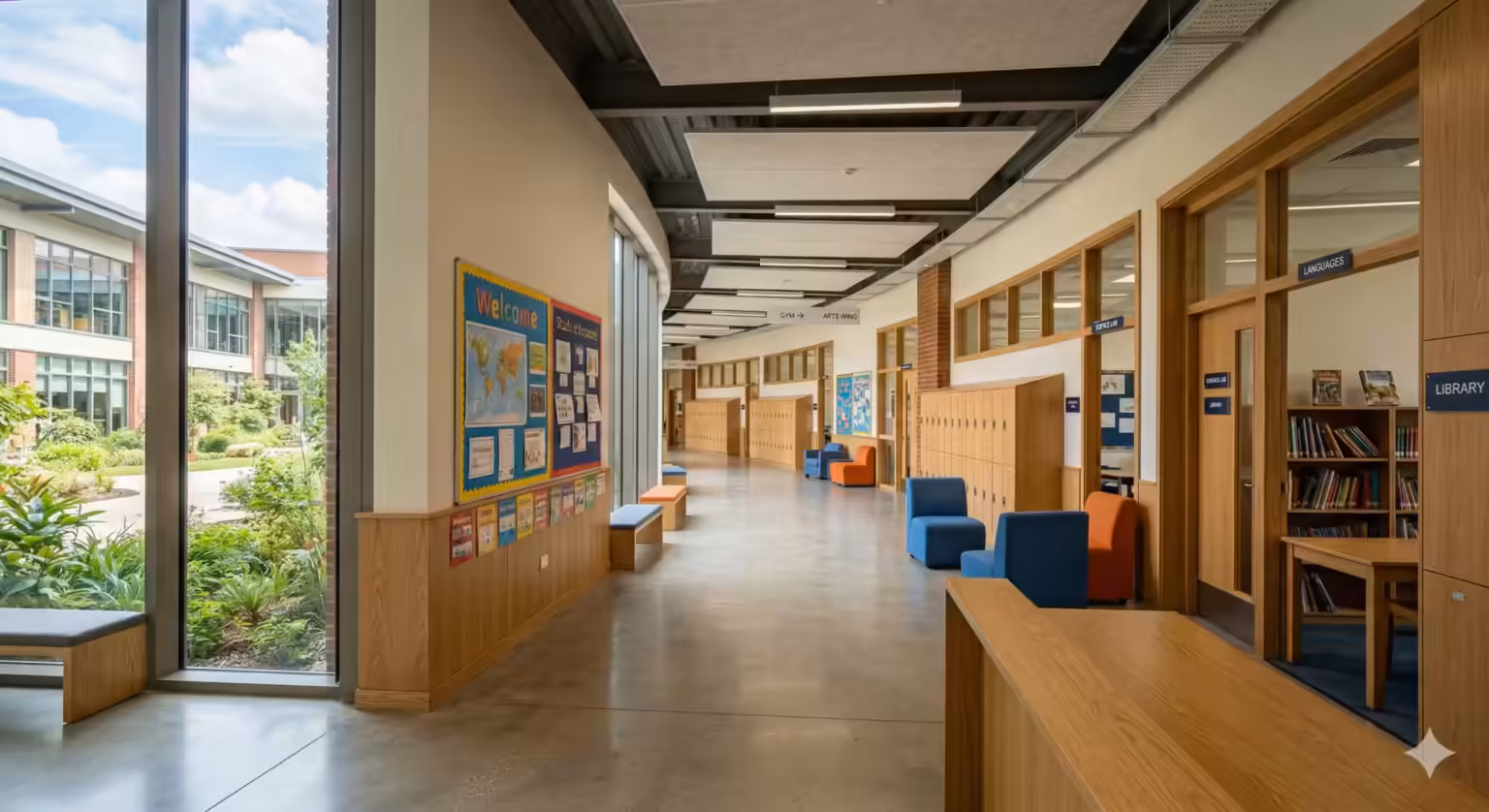 Quiet international school hallway with wooden benches and classrooms
