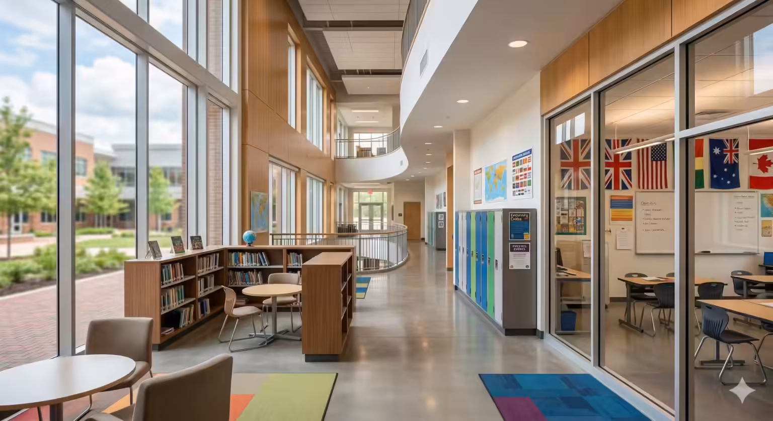 International school library corner with bookshelves and world flags