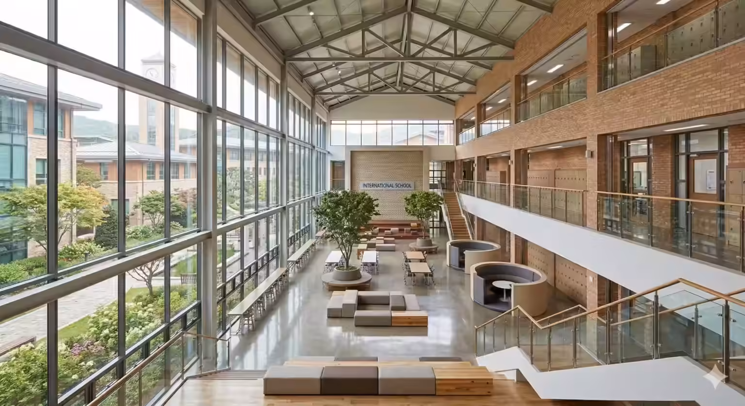 Bright international school atrium with glass walls and lounge seating